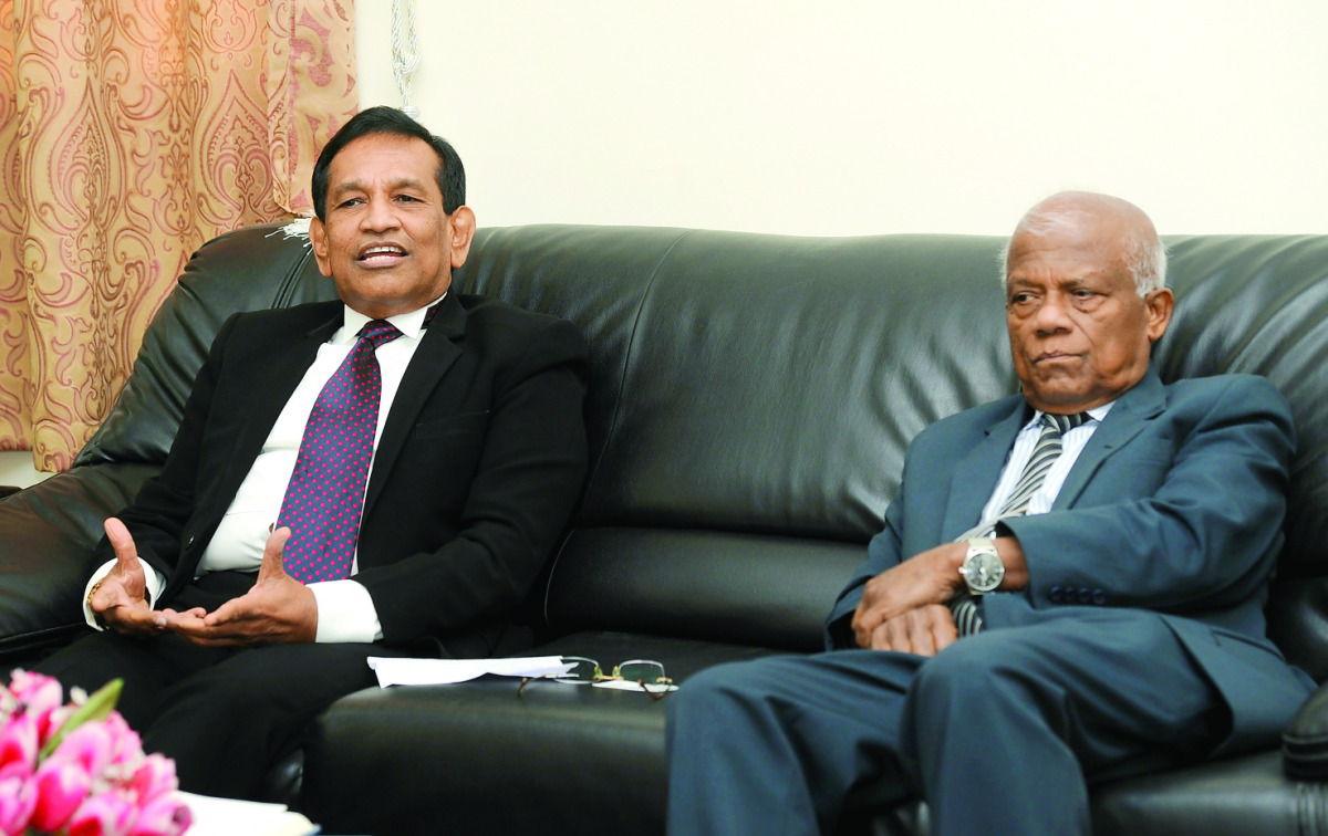 Sri Lankan Minister of Health, Nutrition and Indigenous Medicine, Dr Rajitha Senarathne (left), with Sri Lankan Ambassador Prof (Dr) W M Karunadasa at the embassy in Doha yesterday. 
Pic: Salim Matramkot / The Peninsula