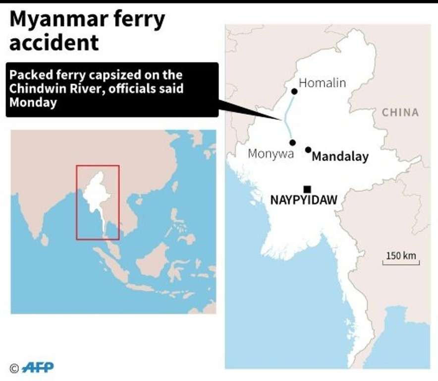 Map locating the Chindwon River in Myanmar were a packed ferry capsized early morning on October 15, 2016.