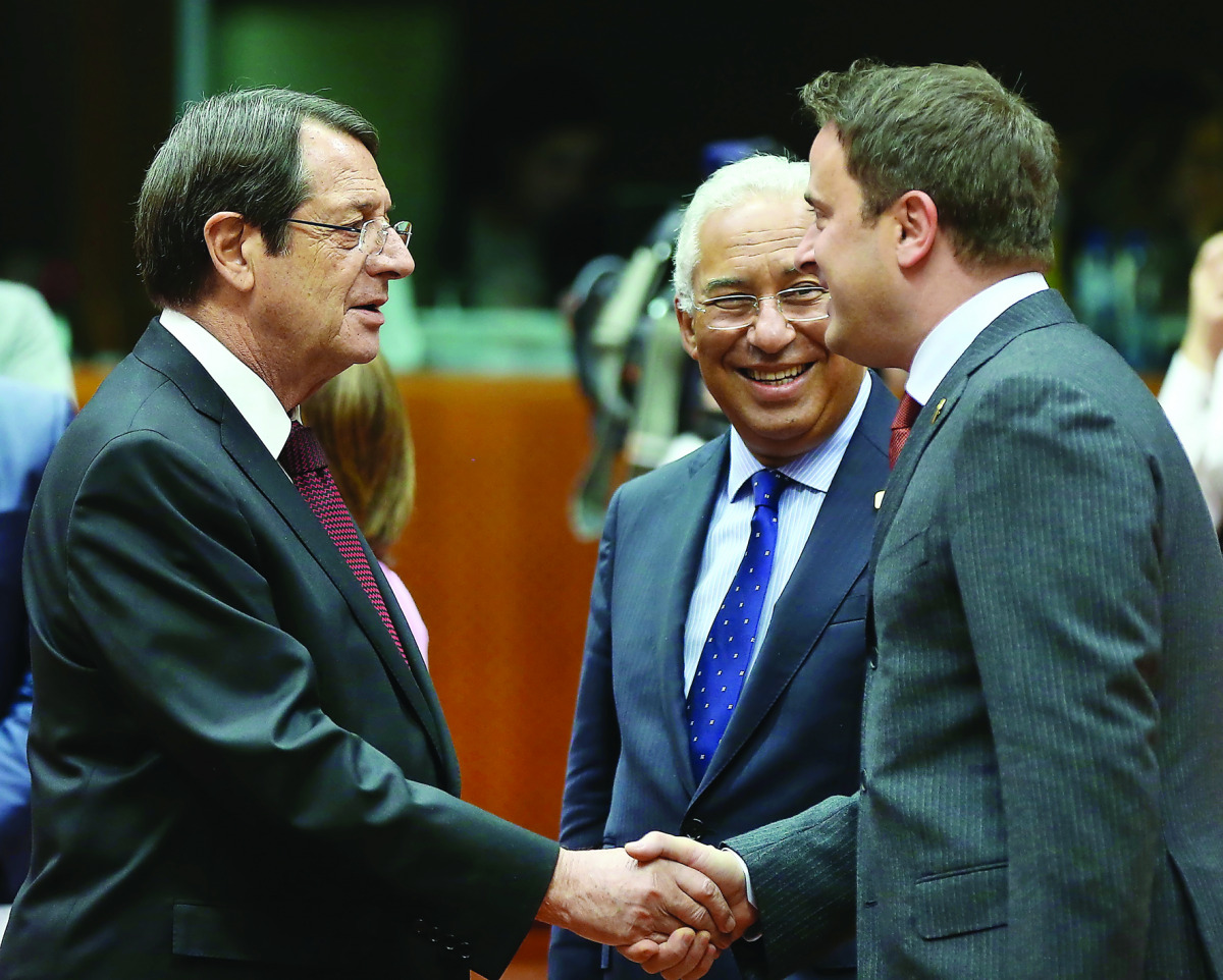 The Prime Minister of Luxemburg, Xavier Bettel (right), Prime Minister of Portugal Antonio Costa (centre) and Greek Cypriot Leader Nikos Anastasiadis chat prior to the meeting of the two-day European Union leaders summit in Brussels, Belgium.