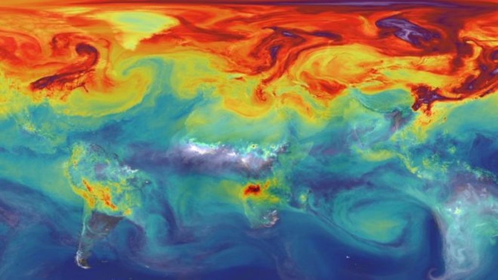 A depiction of the global sources of CO2 which are dominated by the US, China and Europe. / NASA.