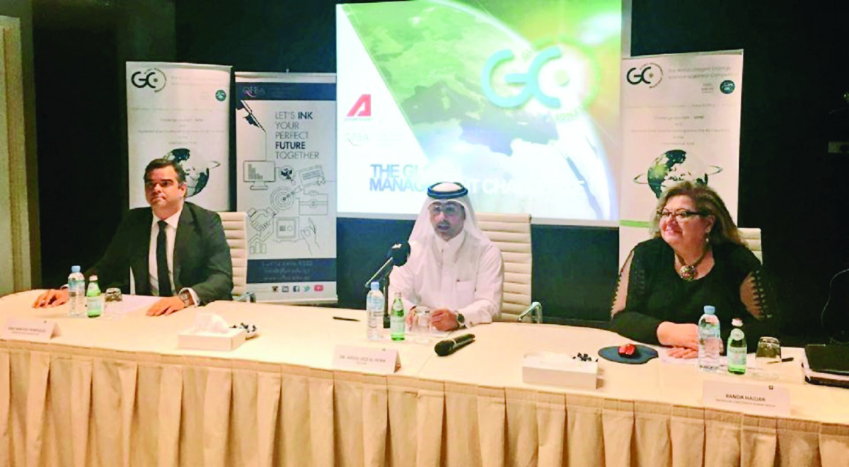 Dr Abdul Aziz Al Horr (centre), CEO of QFBA announcing about the Global Managment Challange event.