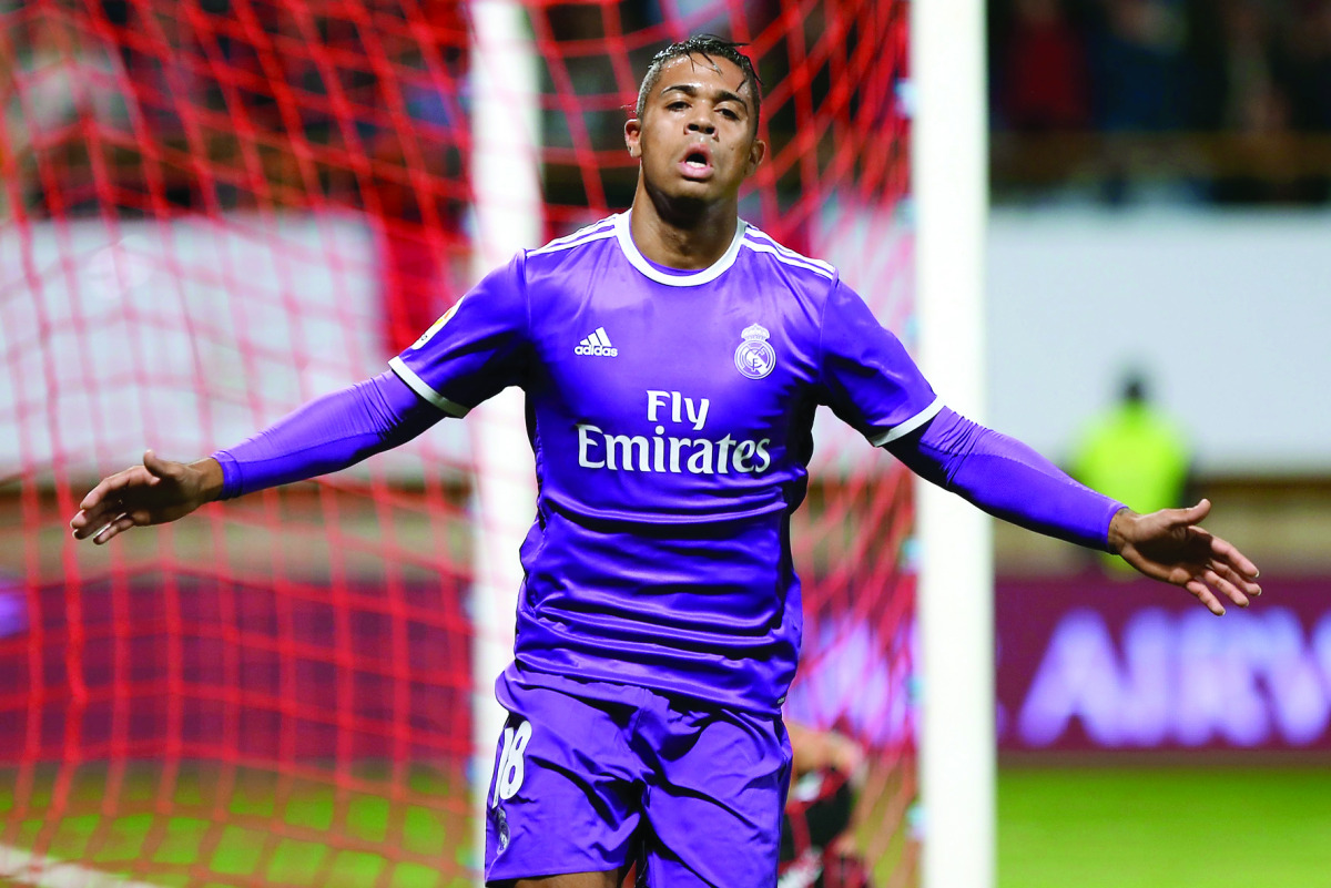 Real Madrid’s forward Mariano Diaz celebrates after scoring a goal against Cultural Leonesa during the Spanish Copa del Rey (King’s Cup) round of 32 first match at the Reino de Leon Stadium in Leon, Spain on Wednesday.