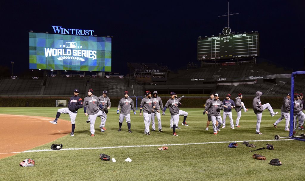 Chicago, IL, USA; The Cleveland Indians during a work out day before game three of the 2016 World Series at Wrigley Field. David Banks-USA TODAY Sports