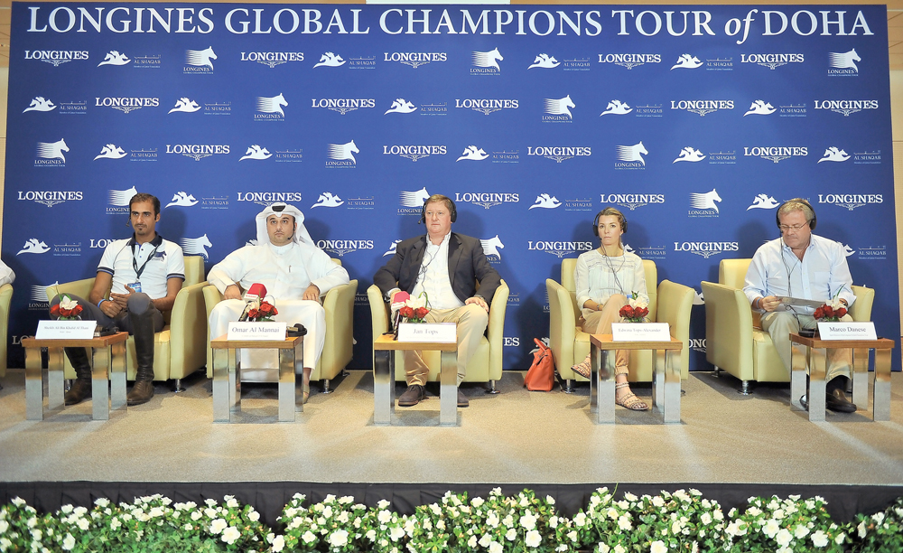 (From left) Qatari rider Sheikh Ali bin Khalid Al Thani, Al Shaqab Commercial Manager Omar Al Mannai, creator of LGCT Jan Tops, Australian equestrian star Edwina Tops-Alexander and LGCT Sports Director Marco Danese address the gathering during a press con