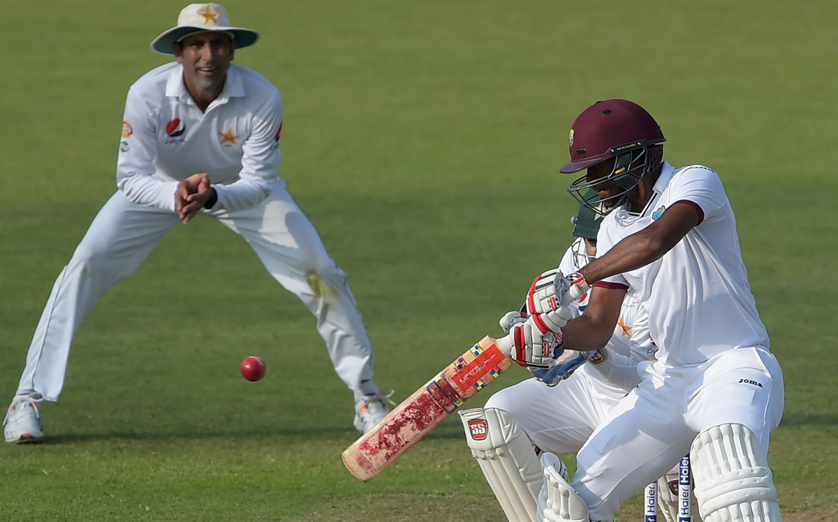 West Indies' batsman Kraigg Brathwaite playa a shot on the fourth day of the third and final Test between Pakistan and the West Indies at the Sharjah Cricket Stadium in Sharjah on November 2, 2016. (AFP / AAMIR QURESHI)