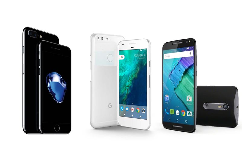 From left: iPhone 7 Plus, Google’s Pixel and Moto Z
