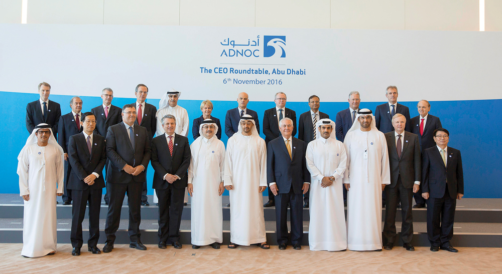 QP President and CEO Saad Sherida Al Kaabi with  global energy leaders in Abu Dhabi, yesterday