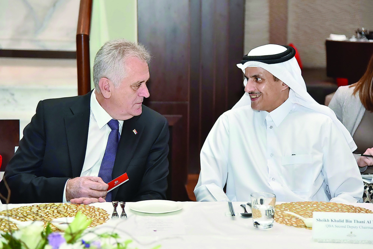 Serbian President Tomislav Nikolic (left) with Sheikh Dr Khalid bin Thani Al Thani at the QBA event yesterday.