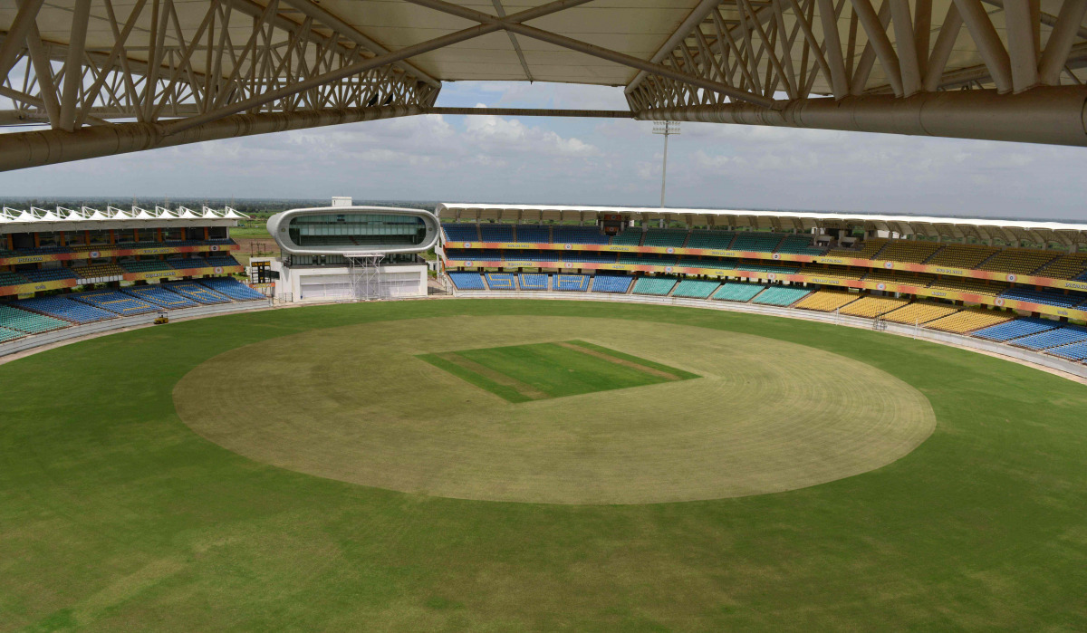 This photograph taken on August 31, 2016, shows a general view of The Saurashtra Cricket Association Stadium on the outskirts of Rajkot, some 240kms. from Ahmedabad. (AFP / SAM PANTHAKY)