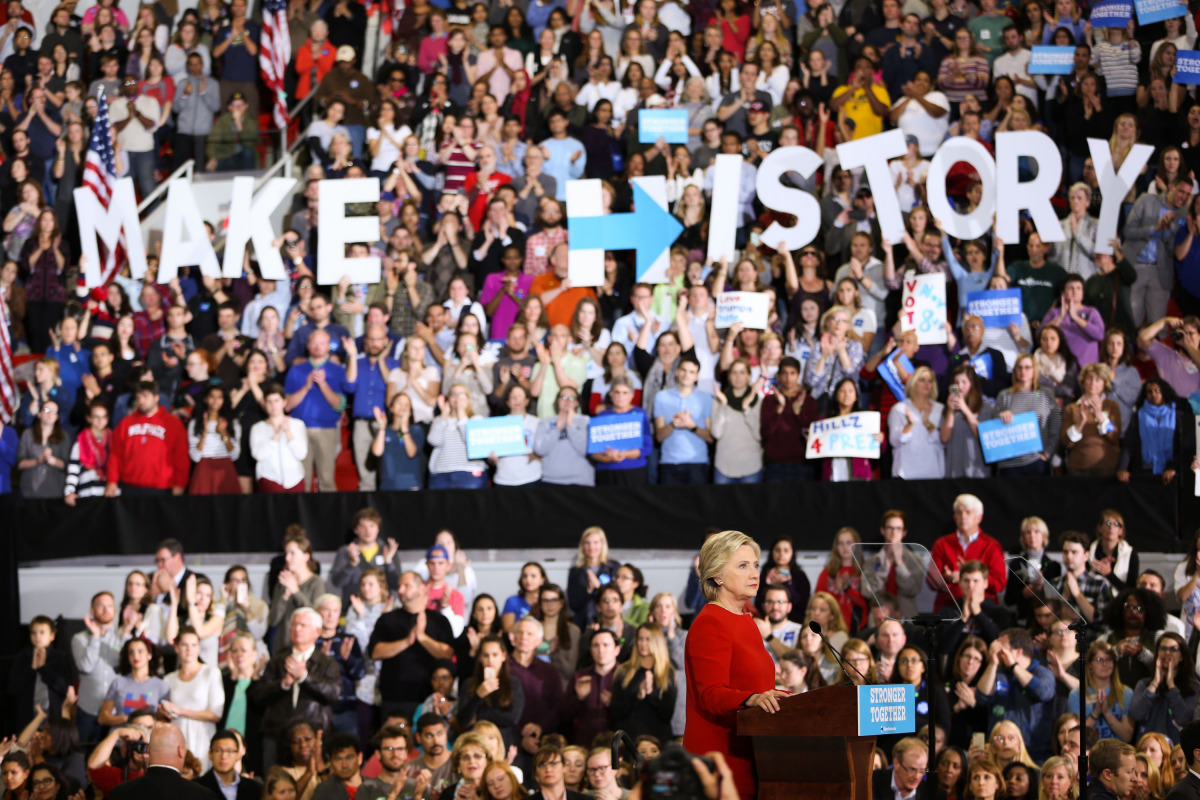 Hillary Clinton addresses the crowd of supporters inside the Reynolds Coliseum on the campus of North Carolina State University on the final campaign stop before election day, in Raleigh, North Carolina, on November 7, 2016. Hillary Clinton and Donald Tru