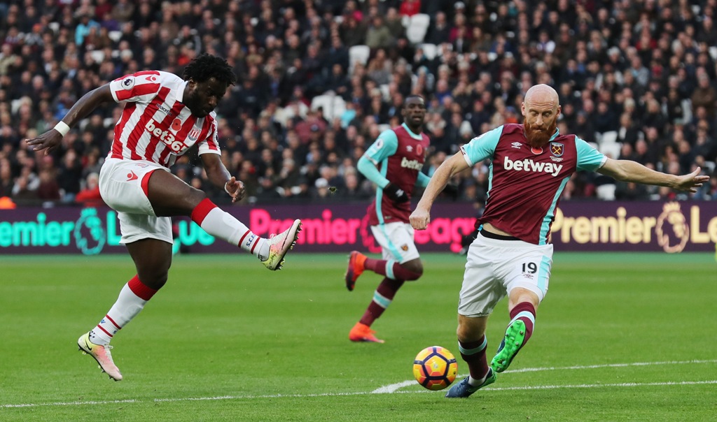 (file Photo) Stoke City's Wilfried Bony in action with West Ham United's James Collins Reuters / Eddie Keogh 
