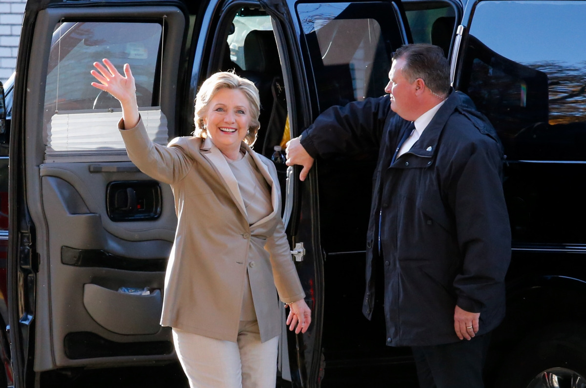 Democratic presidential nominee Hillary Clinton arrives vote in Chappaqua, New York on November 8, 2016. After an exhausting, wild, bitter, and sometimes sordid campaign, Americans finally began voting Tuesday for a new president: either the billionaire p