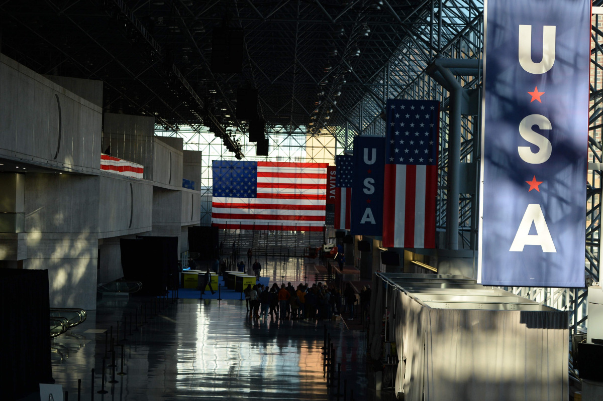 A general view inside the Jacob K. Javits Convention Center in New York on November 7, 2016 as workers prepare for Democratic presidential candidate Hillary Clinton's election night event. Hillary Clinton and Donald Trump brought their brutal White House 