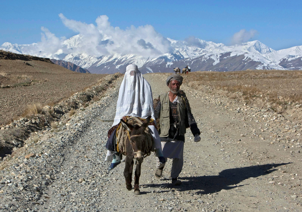 An Afghan woman, wearing a burqa, rides on a donkey alongside her husband in the Ishkashim district of Badakhshan province, north east of Kabul April 24, 2008. REUTERS/Ahmad Masood