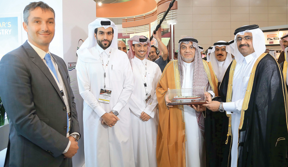 Minister of Energy and Industry H E Dr Mohammed bin Saleh Al Sada, with the Nakilat officials during 'Made in Qatar' exhibition, in Riyadh. 