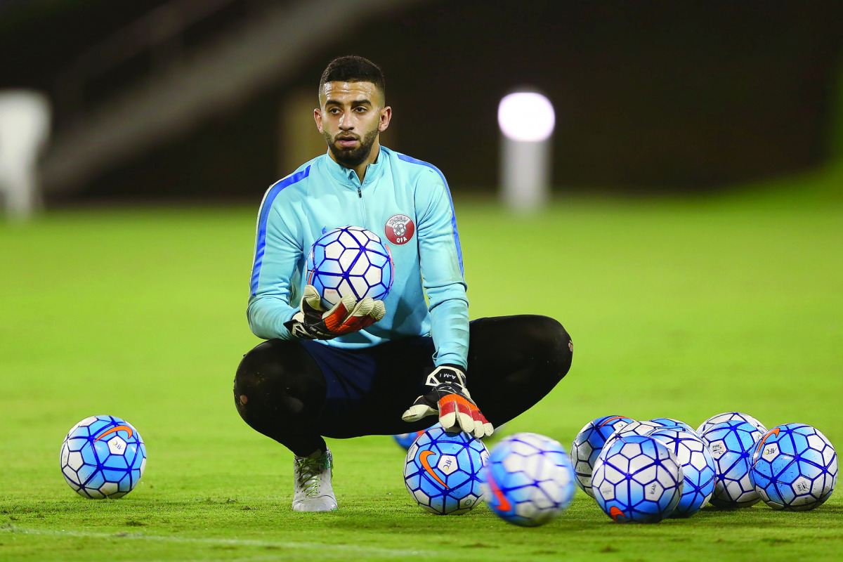 Qatar goalkeeper trains at Aspire Academy in Doha yesterday.