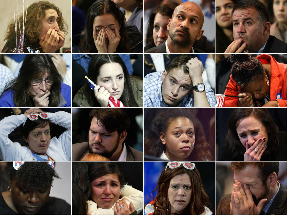 Combination pictures of supporters of Democratic presidential candidate Hillary Clinton reacting November 08, 2016 to early election results in various cities across the United States. AFP / Ryan McBride AND Don EMMERT AND DON EMMERT AND Kena Betancur AND
