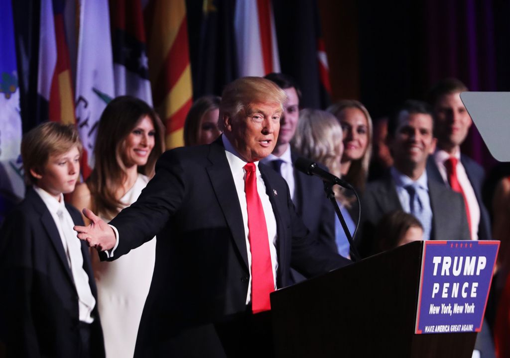 Republican president-elect Donald Trump delivers his acceptance speech during his election night event at the New York Hilton Midtown in the early morning hours of November 9, 2016 in New York City.  Spencer Plat/AFP
