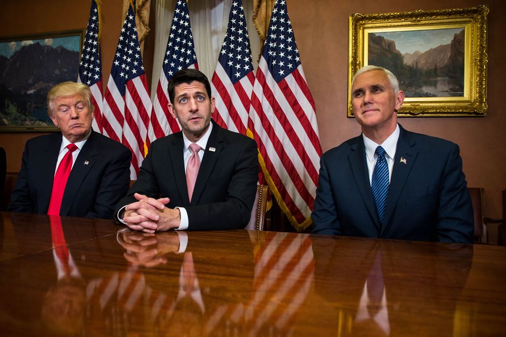 President-elect Donald Trump meets with House Speaker Paul Ryan (R-WI) and Vice President-elect Mike Pence at The Capitol Building on November 10, 2016 in Washington, D.C. United States. Zach Gibson/Getty Images/AFP