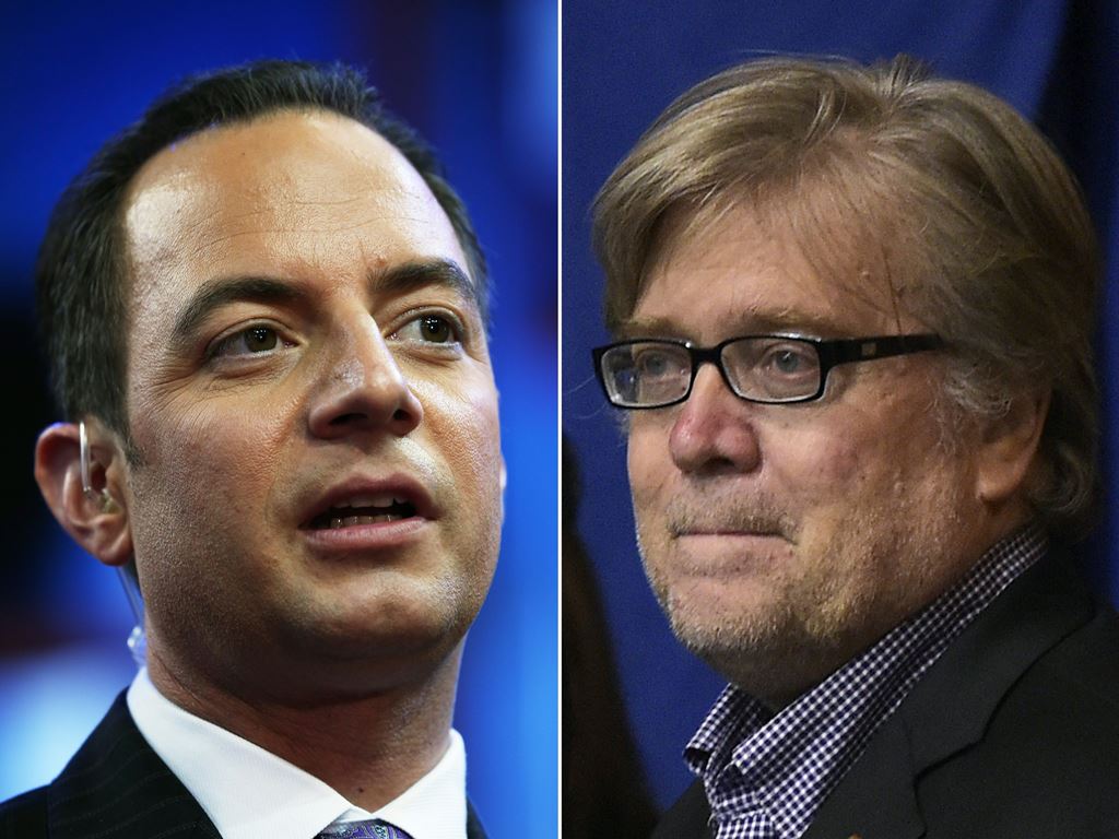 This combination of pictures created on November 11, 2016 shows Republican National Convention Chairman Reince Priebus (L) and Donald Trump's campaign Chief Executive Officer Stephen K. Bannon. AFP / STF