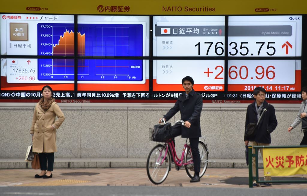 Pedestrians stand in front of an electric quotation board displaying the Nikkei key index of the Tokyo Stock Exchange (TSE) in Tokyo on November 14, 2016. AFP / KAZUHIRO NOGI
