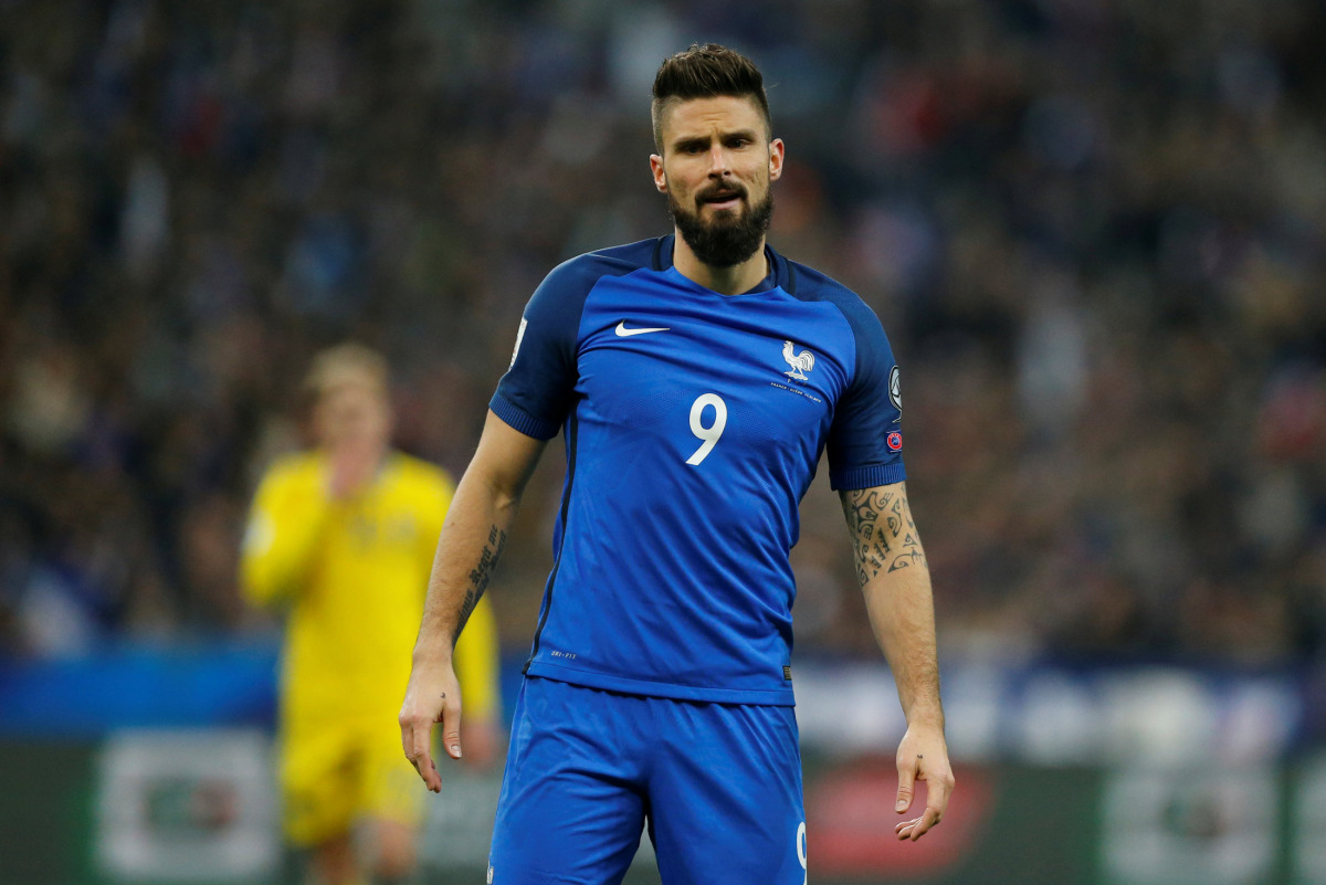 France's Olivier Giroud reacts. (Reuters/Benoit Tessier)