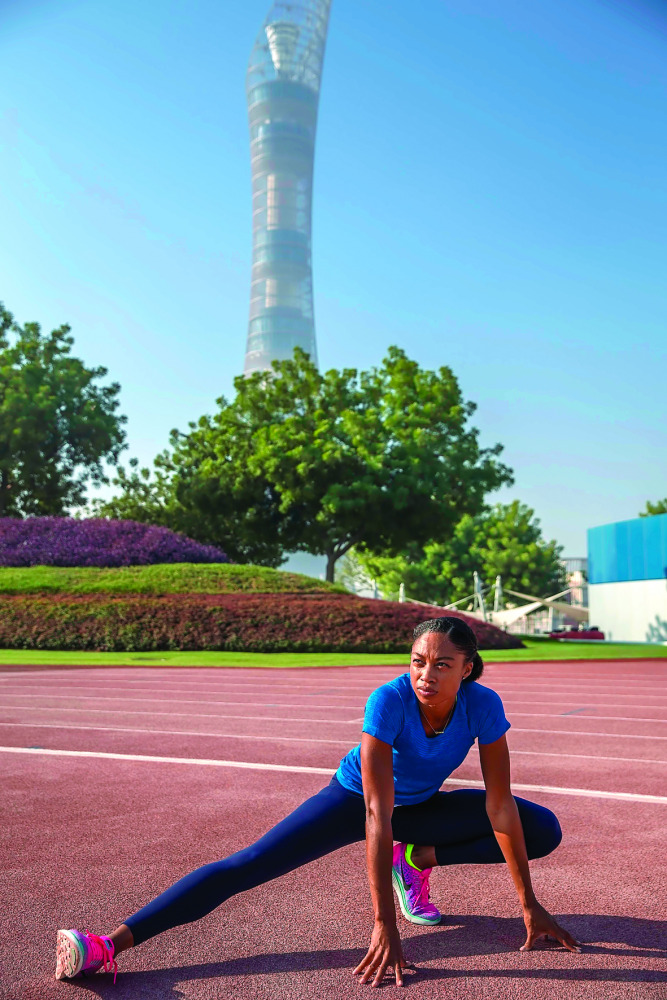 Allyson Felix of the US doing her training at the warm-up track in Aspire Zone Foundation.
