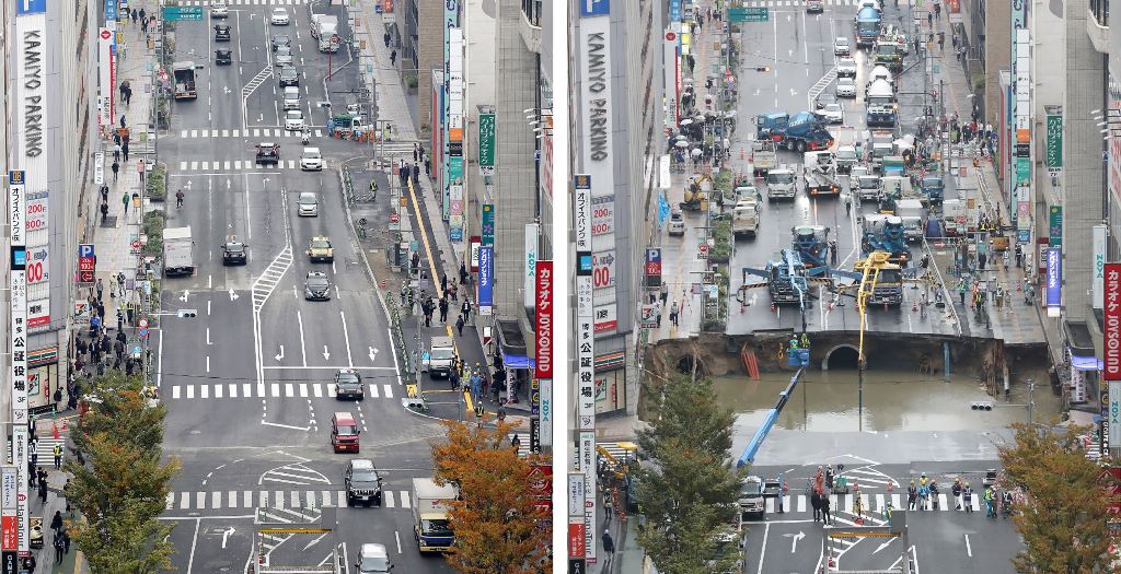 This combo shows a photo of a giant sinkhole (R), measuring around 30 metres (98 feet) wide and 15 metres deep, which appeared in a five-lane street in the middle of the Japanese city of Fukuoka on November 8, 2016 and another photo (L) of the same sectio