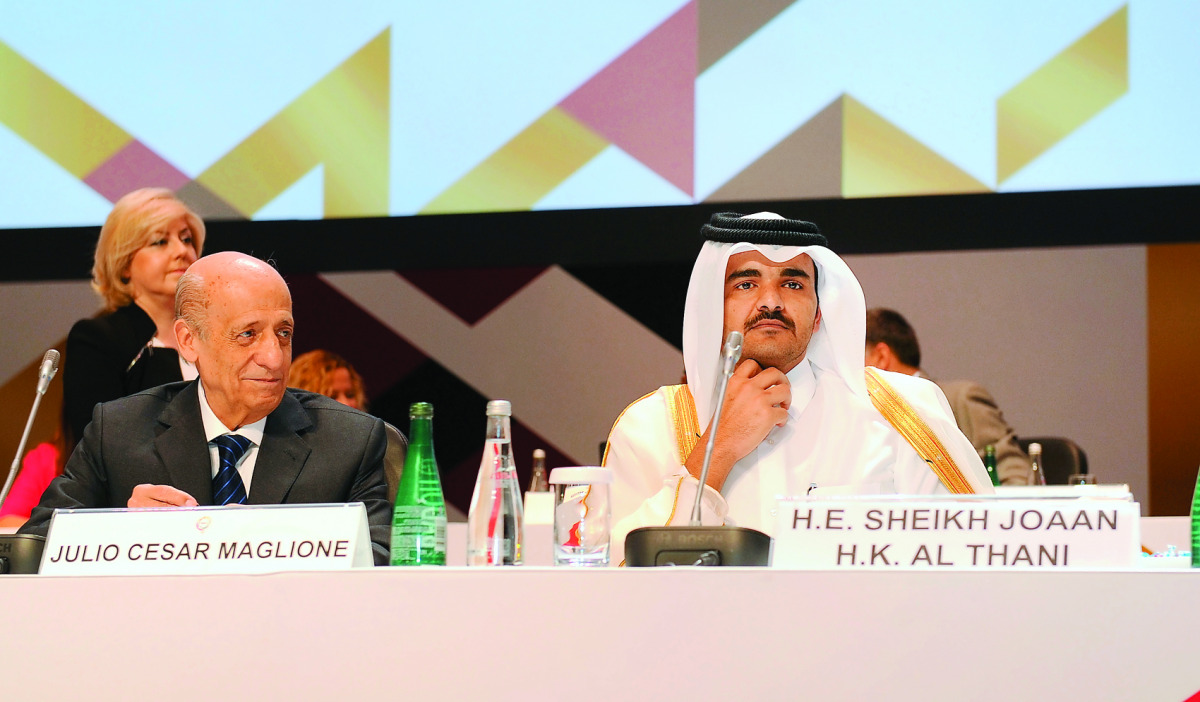 President of Qatar Olympic Committee (QOC) H E Sheikh Joaan bin Hamad Al Thani is seen during his address on the opening session of the ANOC General Assembly in Doha yesterday.