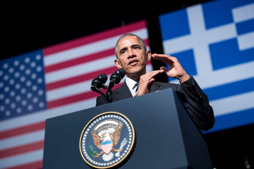 US President Barack Obama delivers a speech at the Stavros Niarchos Foundation Cultural Center on November 16, 2016 in Athens, Greece.  AFP / Brendan Smialowski