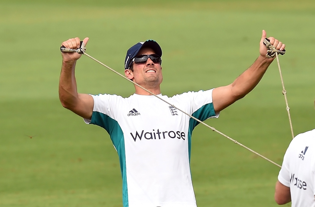 England's cricket captain Alastair Cook stretches during a training session at the Dr YS Rajasekhara Reddy ACA-VDCA Cricket Stadium in Vishakhapatnam on November 16, 2016, on the eve of the second Test cricket match between India and England. GETTYOUT / A