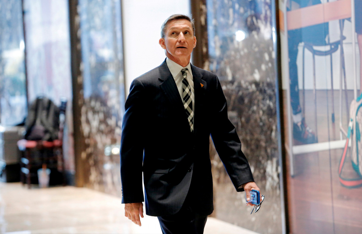 Retired U.S. Army Lieutenant General Michael Flynn arrives to meet with U.S. President-elect Donald Trump at Trump Tower in the Manhattan borough of New York City, NY, U.S. November 17, 2016. REUTERS/Mike Segar/File Photo