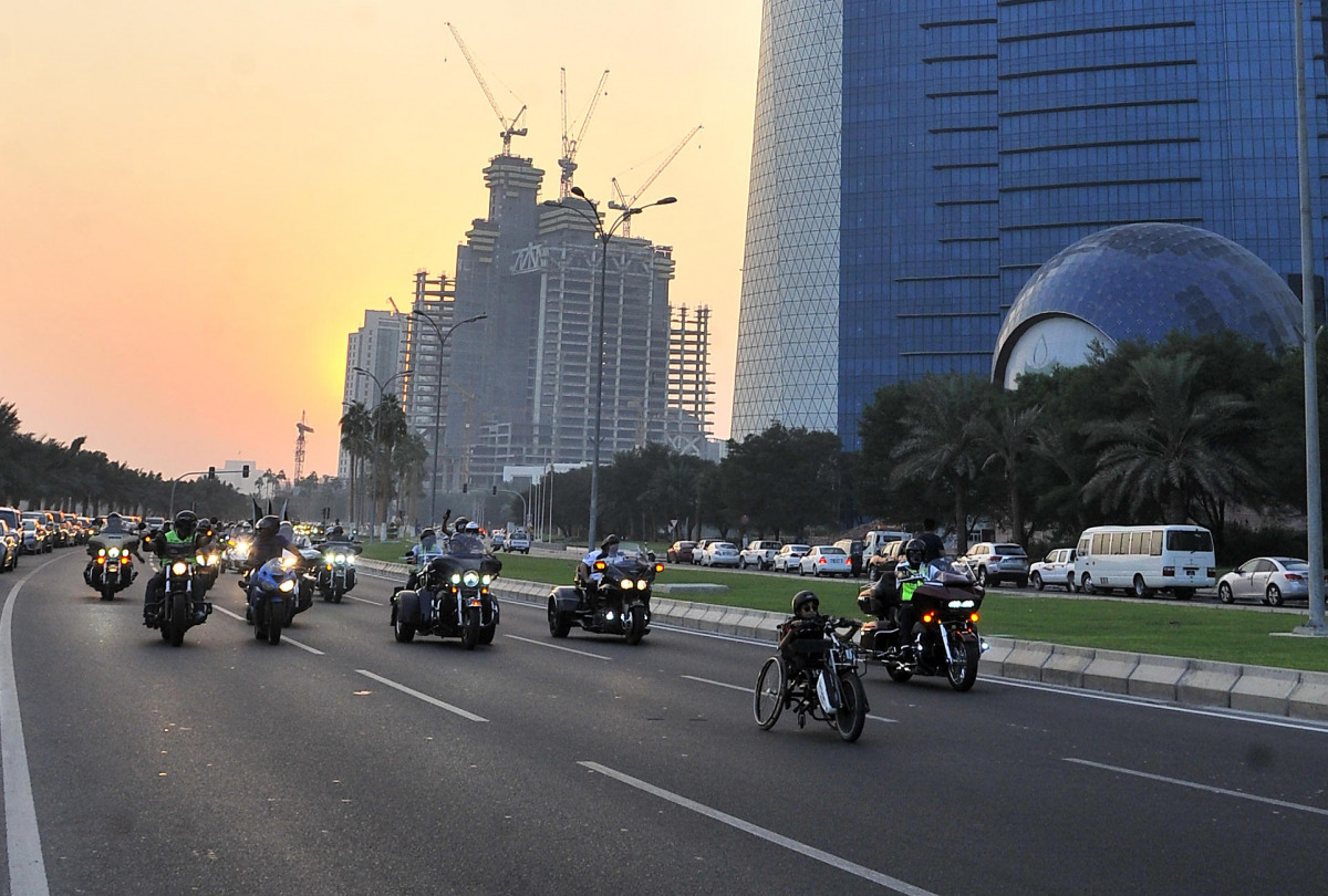 Ghanim Al Muftah leading GCC motorcyclists on the Corniche Road yesterday. Pic: Baher Amin/ The Peninsula