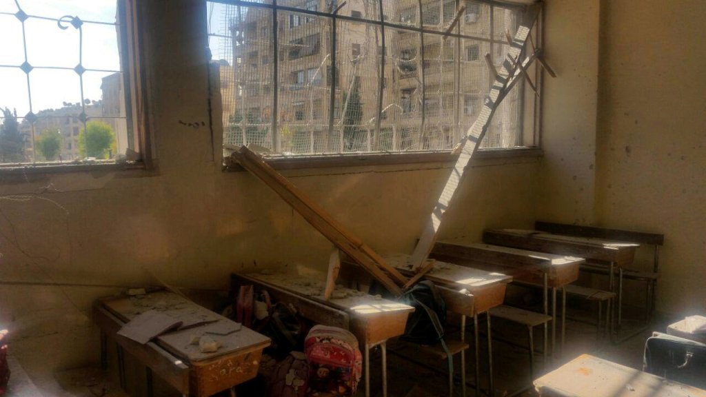 A view shows the damage inside a school after shelling by Syrian rebels on government-held western Aleppo, November 20, 2016. SANA/Handout via REUTERS 
