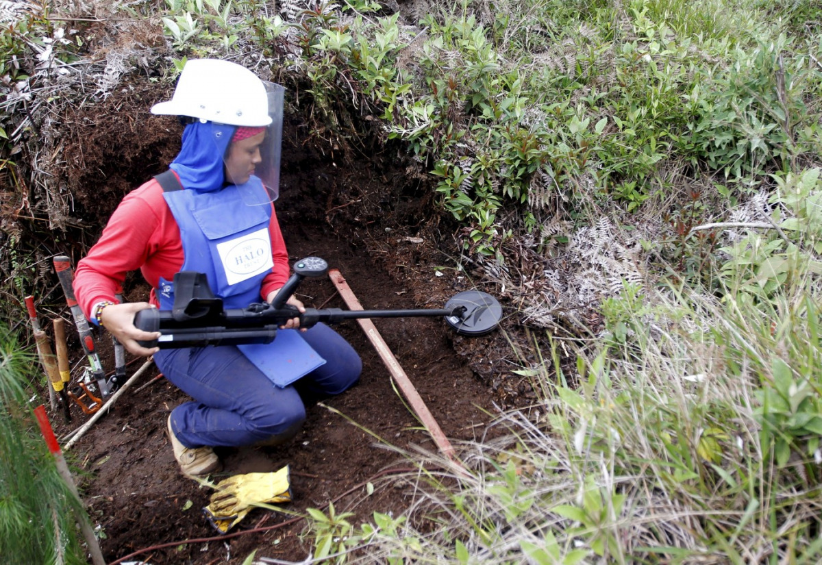Aleida Toro works with her mine detector in a zone where landmines were planted by rebel groups near Sonson in Antioquia province, November 19, 2015. Women's work takes on a nontraditional meaning for fifteen Colombian women who work to rid the Antioquia 