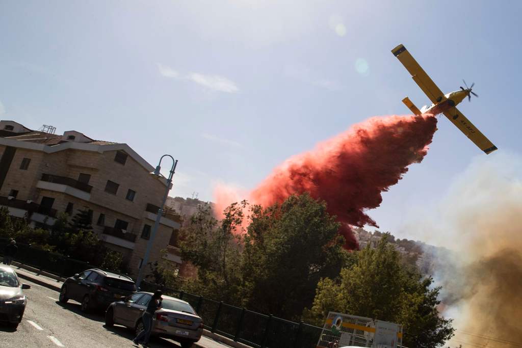 An Israeli firefighter plane helps extinguish a bushfire in the northern Israeli port city of Haifa on November 24, 2016.  AFP / JACK GUEZ