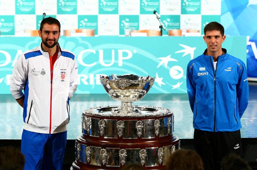 Croatia's tennis team player Marin Cilic (L) and Argentina's tennis team player Federico Delbonis pose for a picture after the official draw for their Davis Cup finals in Zagreb, Croatia November 24, 2016. REUTERS/Antonio Bronic
