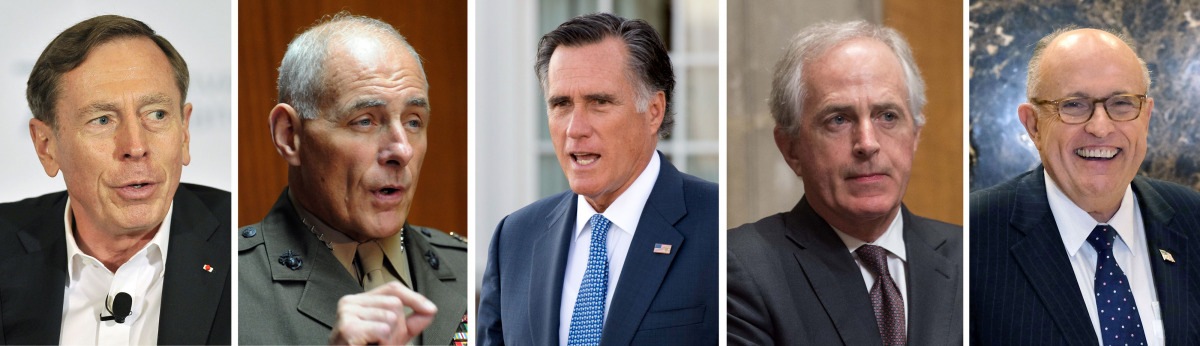 These file photos show (L-R) US Army General (Ret.) David Petraeus, US Marine General John F. Kelly,  US Republican Senator from Tennessee Bob Corker and Former New York City Mayor Rudy Giuliani. The five men are under consideration for the post of US Sec