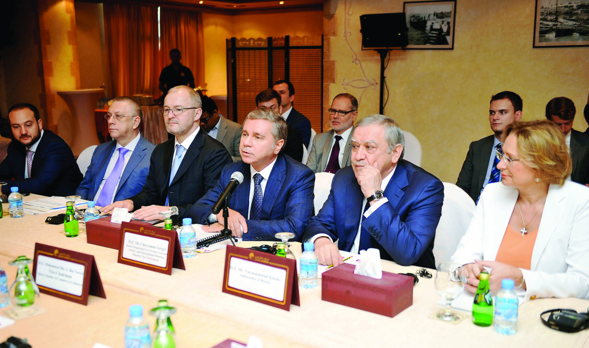 Cheremin Sergey, (third right), Minister of Moscow Government, Head of the Department for External Economic and International Relation of Moscow with his accompanying delegates at Qatar Chamber yesterday. Pic: Abdul Basit/The Peninsula