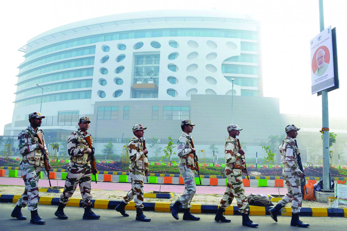 Paramilitary forces soldiers patrol outside the Taj hotel, where the Prime Minister Narendra Modi, Afghan President Ashraf Ghani and various leaders will  stay during the Heart of Asia (HoA) ministerial conference, in Amritsar, yesterday.