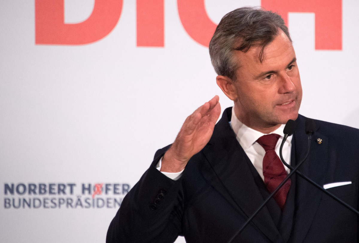 Norbert Hofer, presidential candidate of Austria's right-wing Freedom Party, FPOE, speaks during his last election campaign rally in Vienna, Austria on December 2, 2016, two days before presidential elections. Irregularities in ballot counting, faulty glu