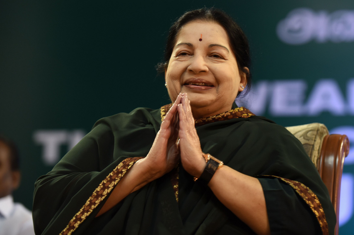 This file photo taken on May 23, 2016 shows Jayalalithaa Jayaram, leader of All India Anna Dravida Munnetra Kazhagam (AIADMK), taking part in a swearing-in ceremony as chief minister of Tamil Nadu state in Chennai. Jayalalithaa Jayaram, the chief minister