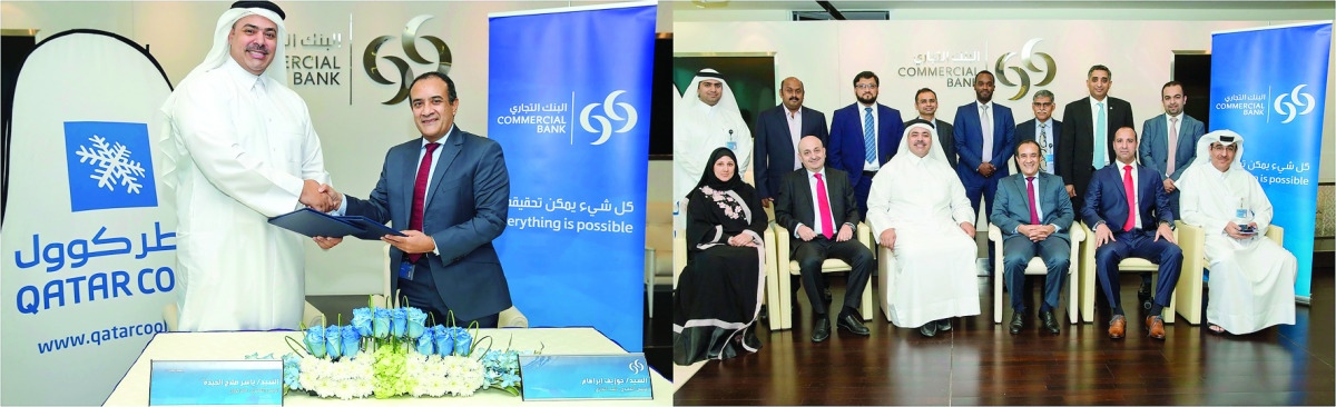 LEFT: Commercial Bank CEO Joseph Abraham (right) exchanging documents with Yasser Salah Al Jaidah, Chief Executive Officer of Qatar Cool, during the signing ceremony. RIGHT: Officials of Commercial Bank and Qatar Cool pose for a group picture. 