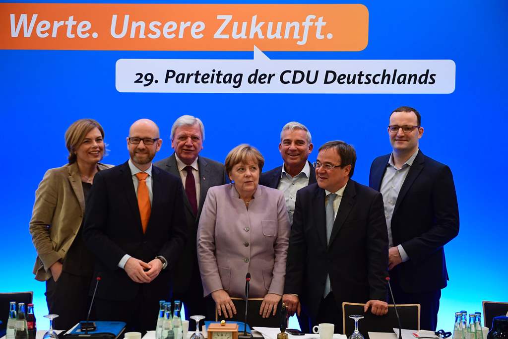 Executive members of the Christian Democratic Union (CDU) party (L-R) CDU leader in Rhineland-Palatinate Julia Kloeckner, CDU Secretary General Peter Tauber, Hesse's State Premier Volker Bouffier, German Chancellor Angela Merkel, CDU leader in Baden-Wuert
