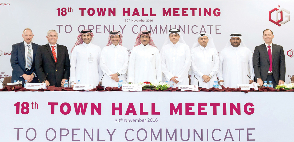 Senior officials of Qatargas at the 18th Town Hall meeting held to review its annual achievements.