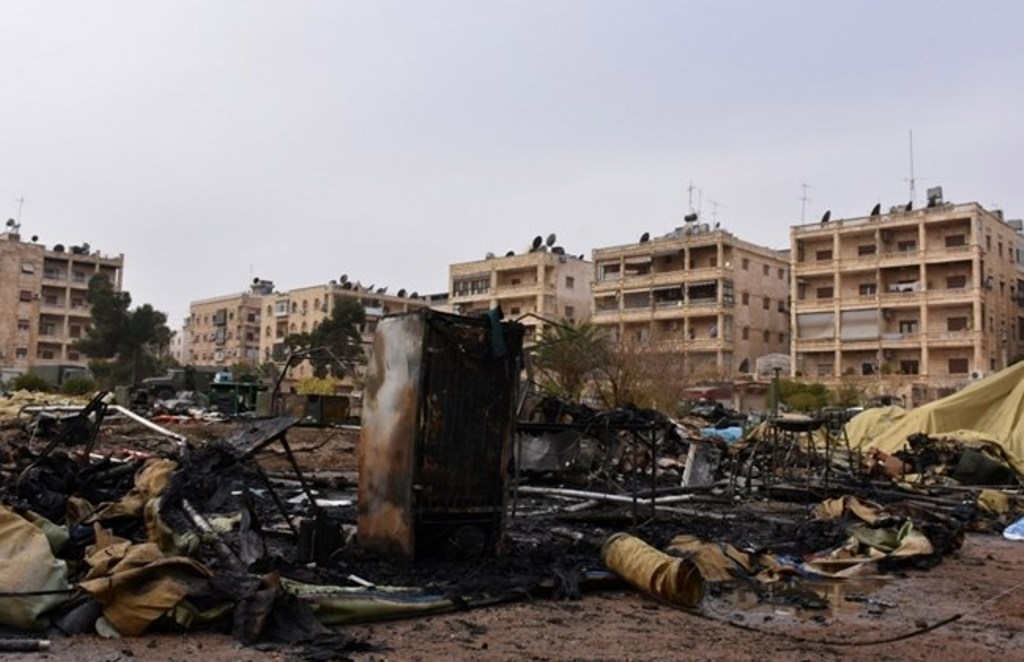 A general view shows the damage at a Russian military field hospital after it was shelled by what the Russian Defense Ministry said were Syrian rebels in Aleppo, Syria, in this handout picture provided by SANA on Dec. 5, 2016. SANA/Handout via REUTERS.