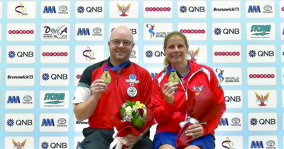 Jesper Agerbo (left) of Denmark and Kelly Kulick, United States, winners of the World Singles Bowling Championships in Doha yesterday.