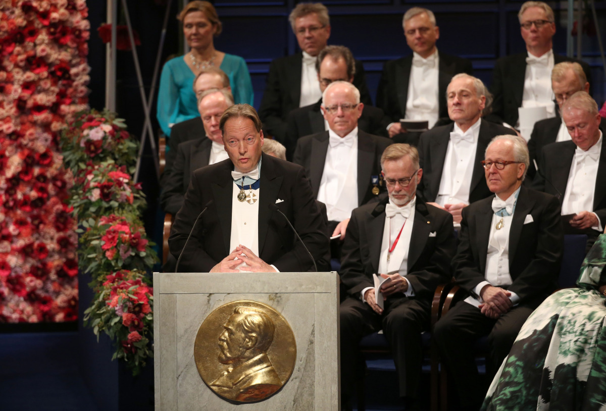 Horace Engdahl (L), Member of the Swedish Academy and Member of the Nobel Committee for Literature, gives a speech during the award ceremony of the Nobel Prizes in medicine, economics, physics and chemistry on December 10, 2016 in Stockholm, Sweden. Nobel