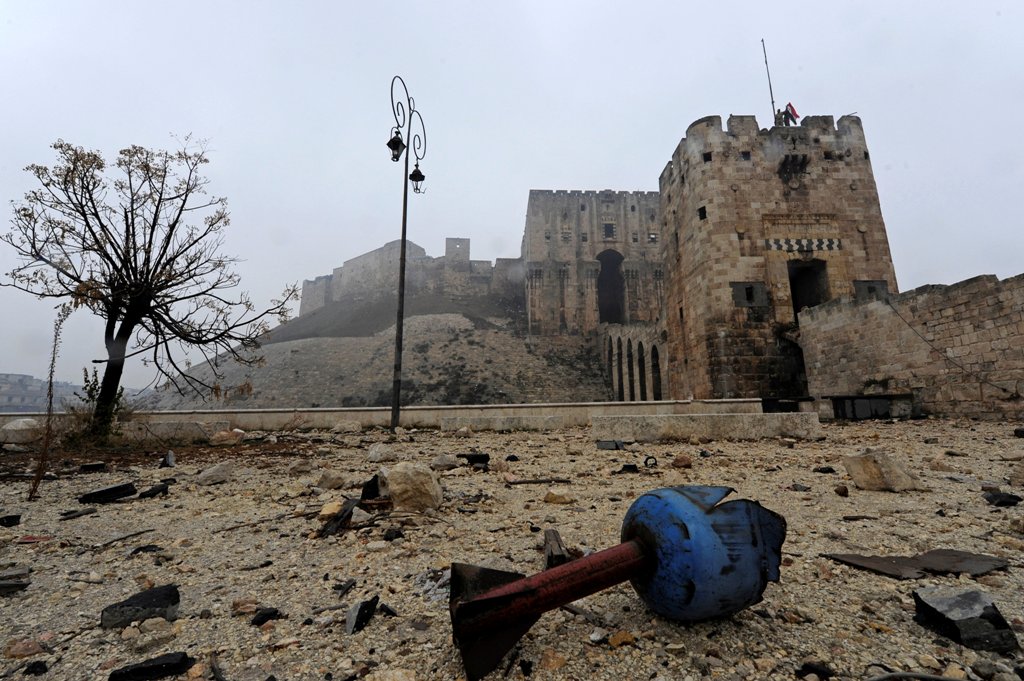The remains of a shell are pictured outside Aleppo's historic citadel, during a media tour, Syria December 13, 2016. REUTERS/Omar Sanadiki 
