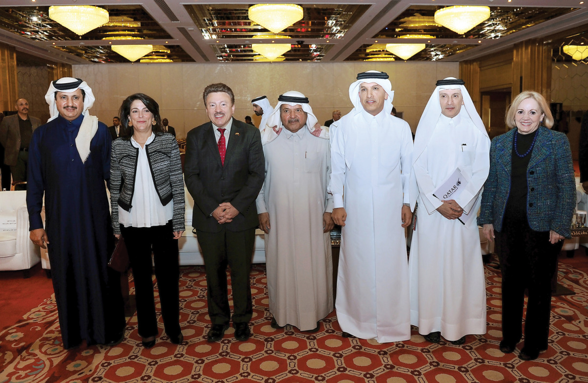 Minister of Finance H E Ali Sherif Al Emadi (fifth left), Assistant Secretary of State for Near Eastern Affairs, U S Department of State, Anne Patterson (right), US Ambassador to Qatar, Dana Shell Smith and other dignitaries at the Second Annual EID at Sh